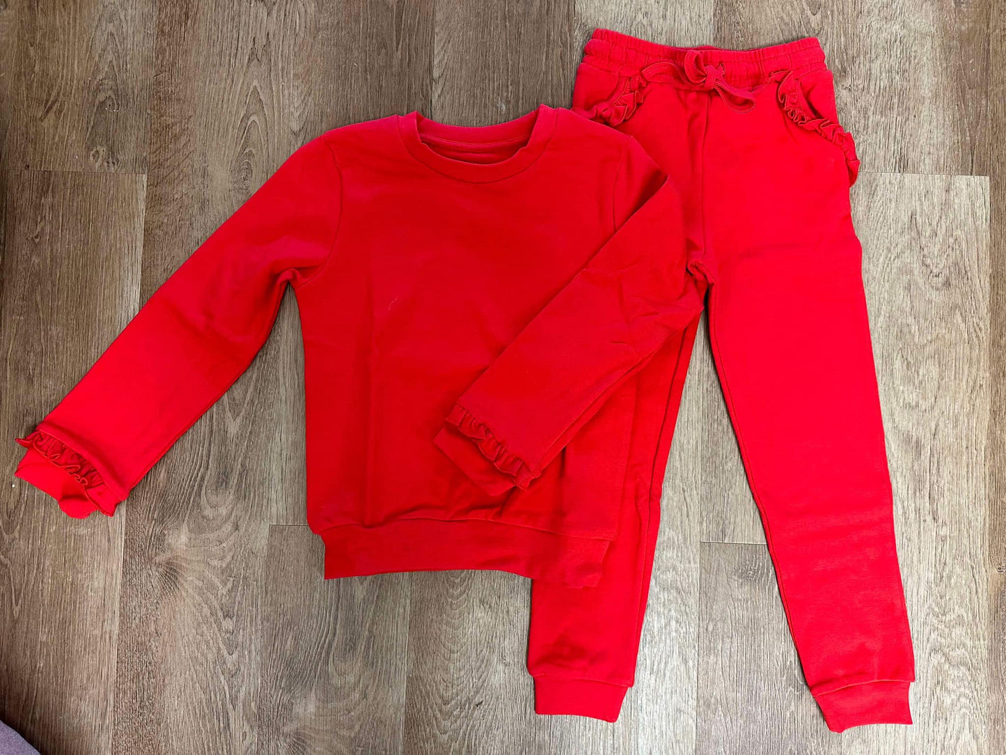 Long sleeves red ruffle top pants kids girls clothes