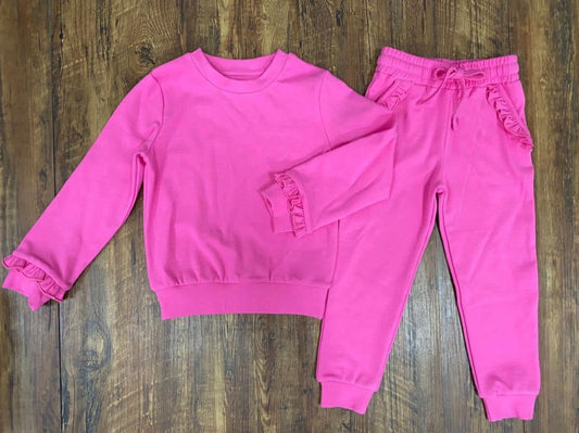 Long sleeves hot pink ruffle top pants kids girls clothes