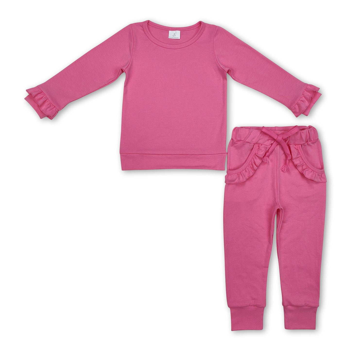 Long sleeves hot pink ruffle top pants kids girls clothes