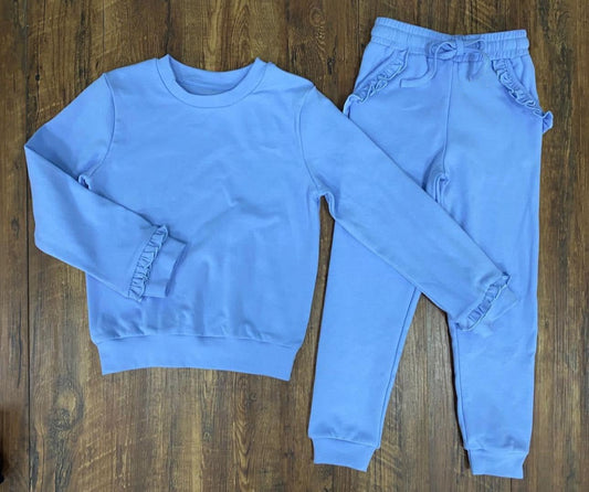 Long sleeves light blue ruffle top pants kids girls clothes