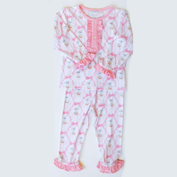 Long sleeves pink bow rabbit baby girls Easter pajamas