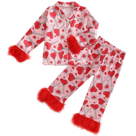 Red heart fur long sleeves girls valentine's pajamas