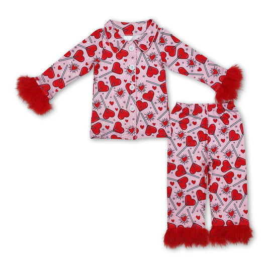 Red heart fur long sleeves girls valentine's pajamas