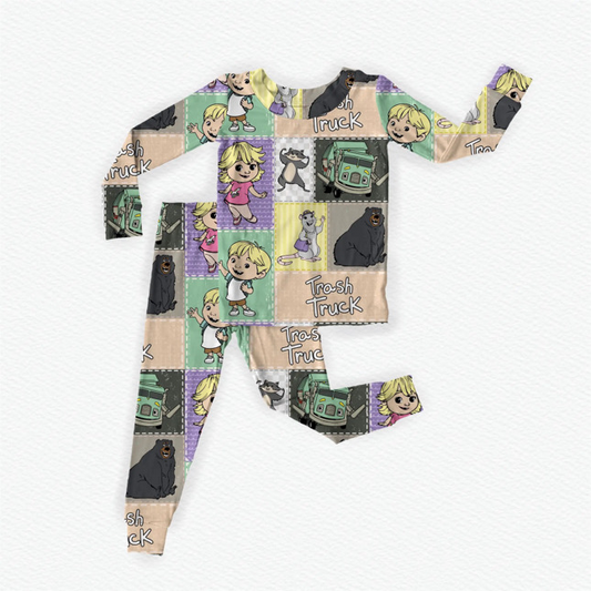 Long sleeves trash truck patchwork girls pajamas