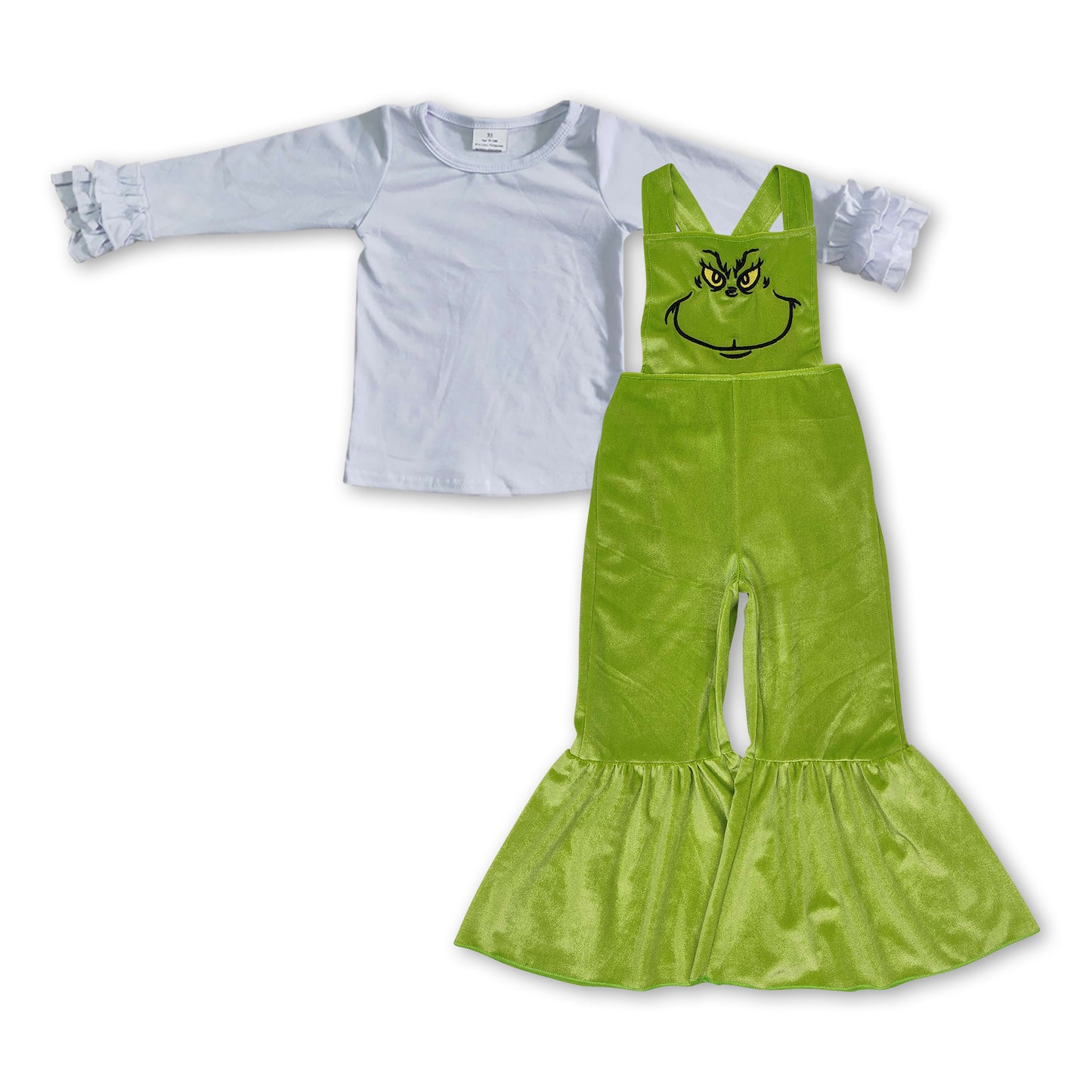 White ruffle top green face jumpsuit girls Christmas outfits