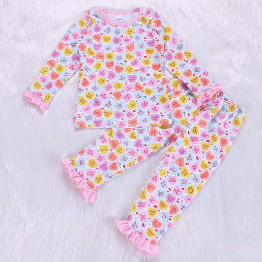 Pink heart ruffle baby girls Valentine's pajamas