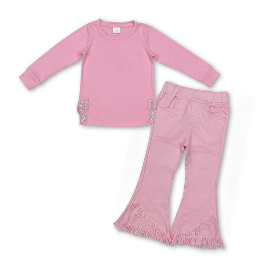 Pink floral bow embroidery top tassels jeans girls clothes