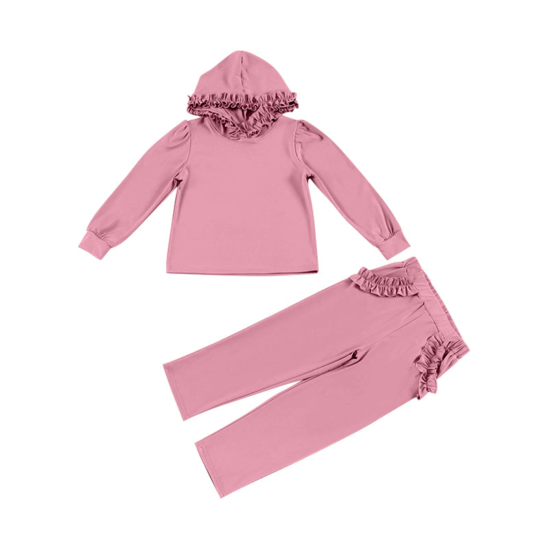 Pink ruffle long sleeves hoodie pockets pants girls clothes