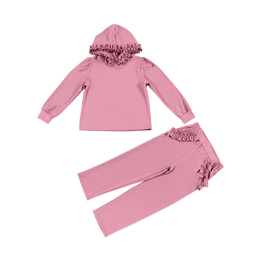 Pink ruffle long sleeves hoodie pockets pants girls clothes