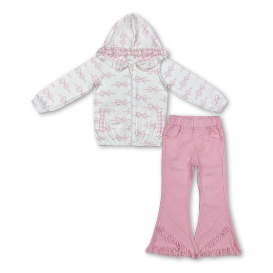 White bow hooded jacket pink jeans girls clothing