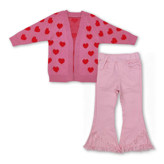 Heart cardigan sweater pink tassels jeans girls valentine's set