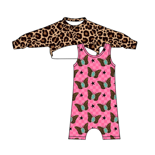Leopard top turquoise butterfly jumpsuit baby girls clothes