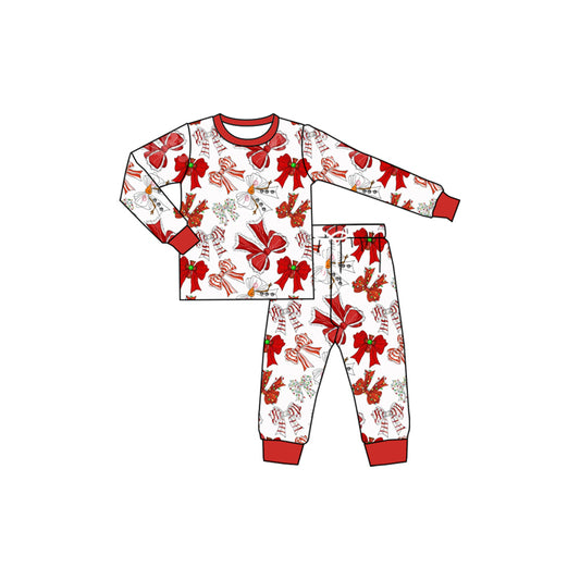 Long sleeves red bow kids girls Christmas pajamas