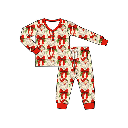 Long sleeves red bow santa adult women Christmas pajamas
