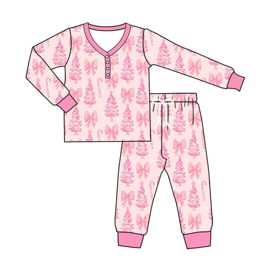 Long sleeves pink bow Christmas tree adult women pajamas