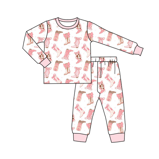 Long sleeves pink bow bow boots western girls pajamas