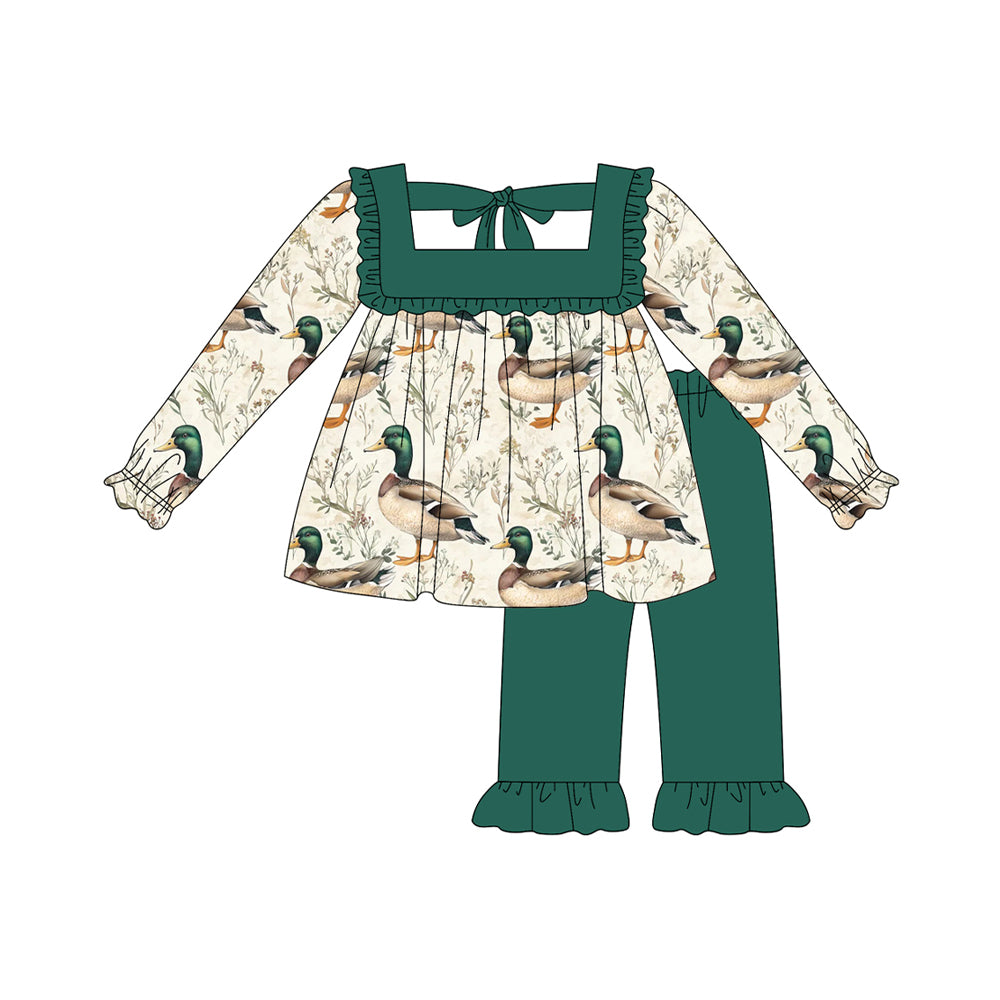 Long sleeves green ruffle duck tunic pants girls clothes
