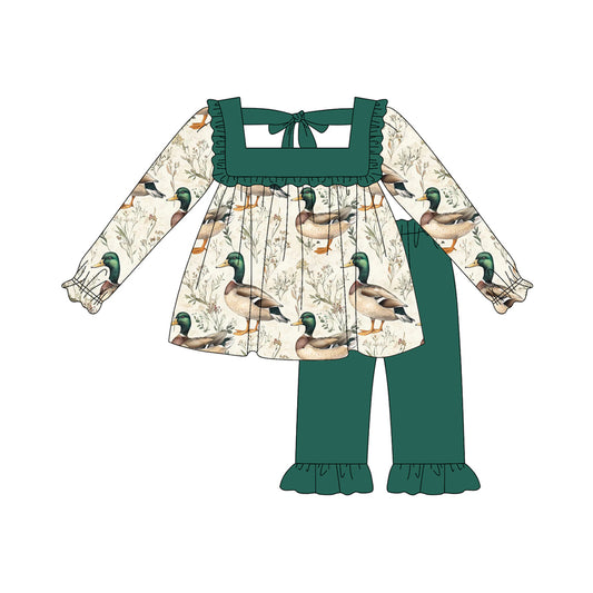 Long sleeves green ruffle duck tunic pants girls clothes