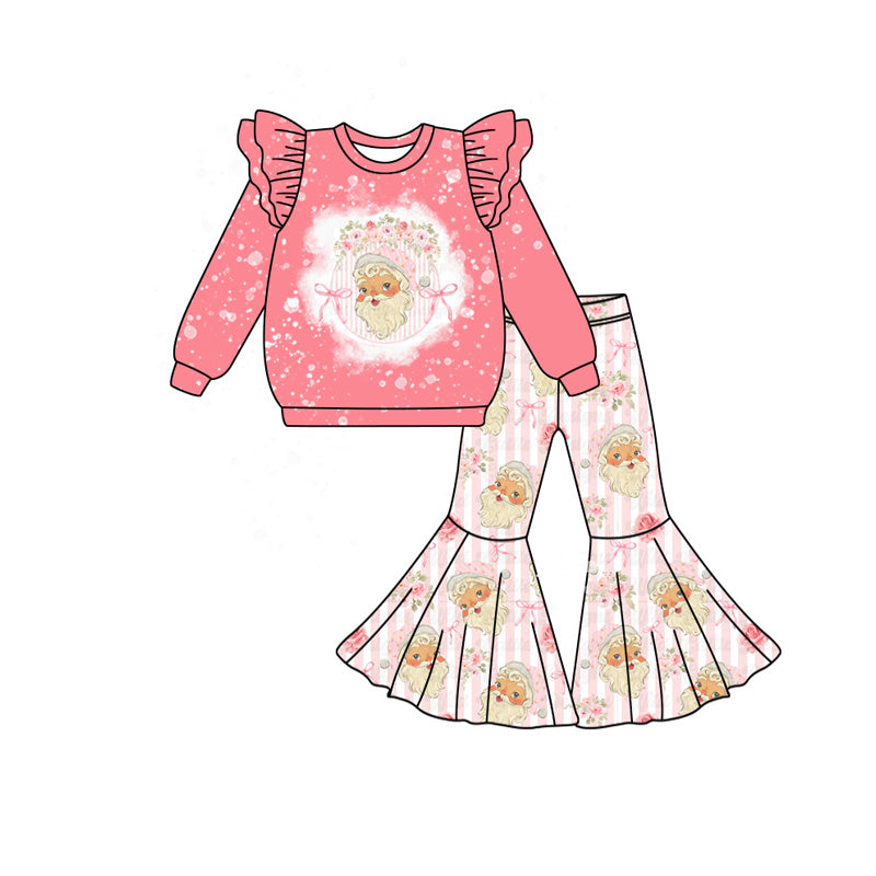 Long sleeves santa floral bow top pants girls Christmas clothes