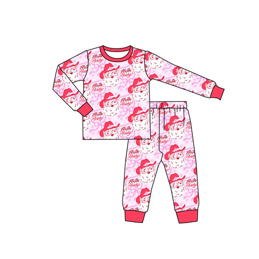 Long sleeves pink bow santa western girls Christmas pajamas