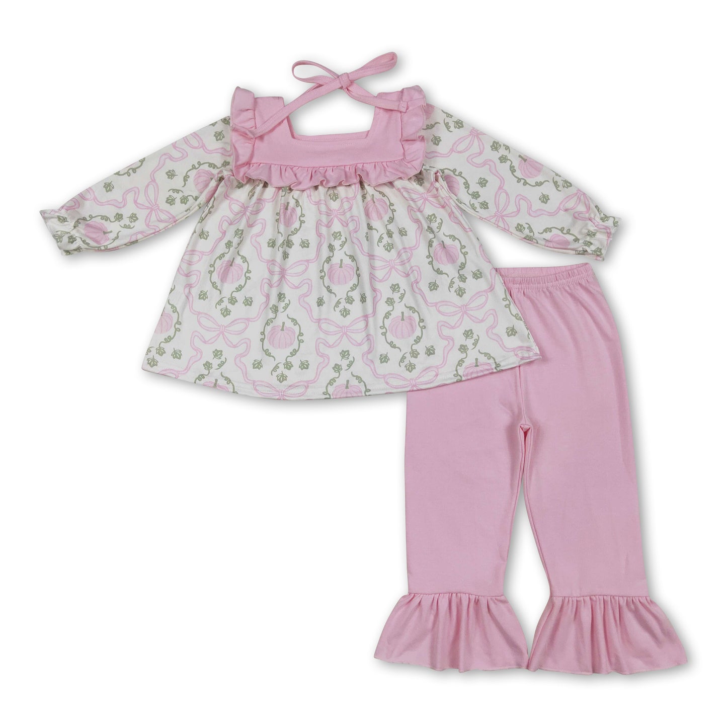 Pink pumpkin bow tunic ruffle pants girls fall clothes