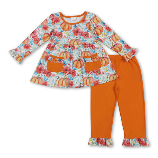 Pumpkin floral pockets tunic pants girls fall clothing