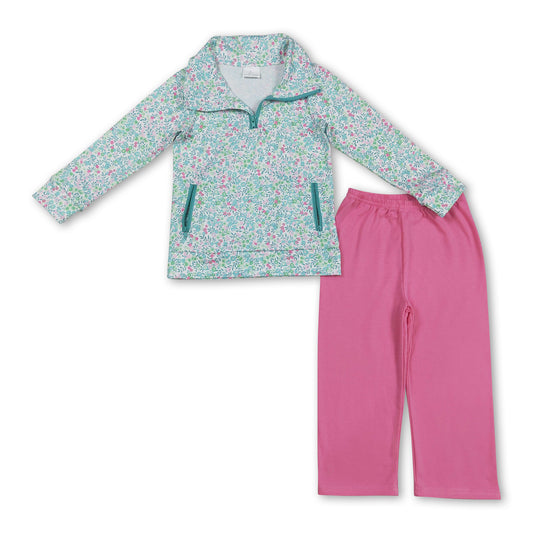 Long sleeves green floral pullover leggings girls clothes