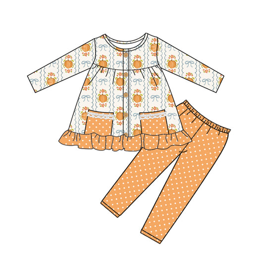 Pumpkin bow floral tunic polka dots leggings girls fall clothes
