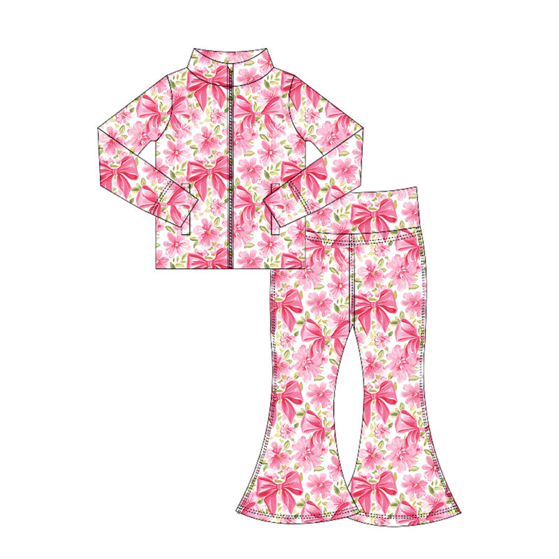 Long sleeves pink bow floral zip jacket pants girls yoga clothes