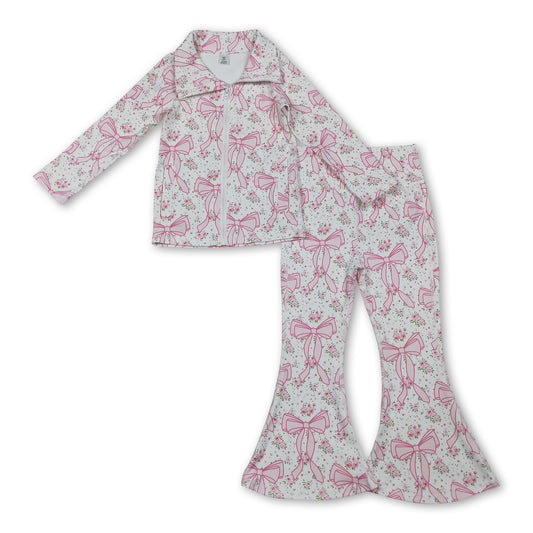 Pink bow floral zip jacket pants girls yoga clothes