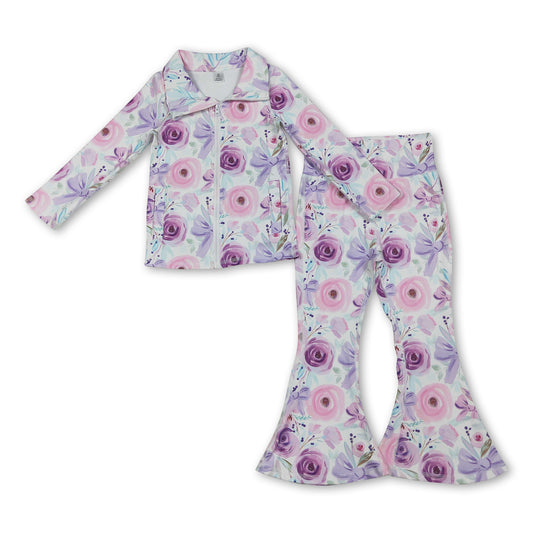 Floral lavender bow zip jacket pants girls yoga clothes