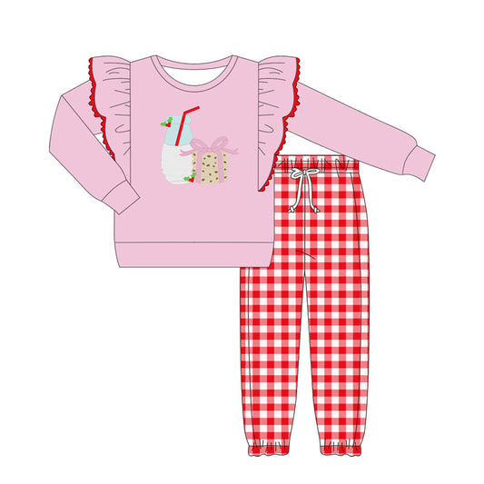 Pink cookie bow top plaid pants girls Christmas clothes