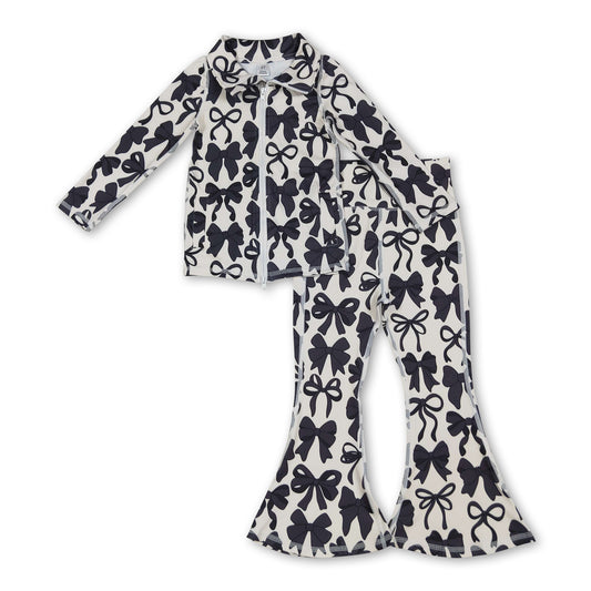 Long sleeves black bow zip jacket pants girls yoga clothes