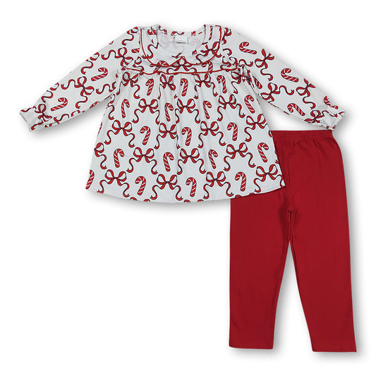 Long sleeves bow candy cane tunic leggings girls Christmas set