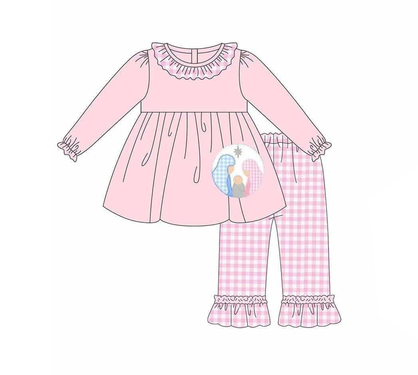 Pink ruffle nativity tunic plaid pants girls Christmas clothes