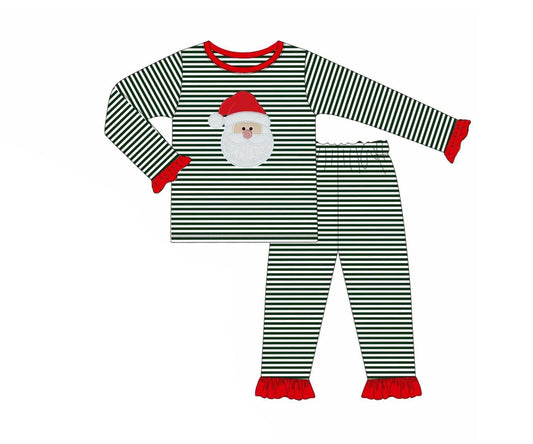 Red ruffle stripe santa top pants girls Christmas pajamas