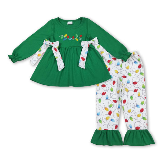 Green Christmas lighting bow tunic pants girls clothes