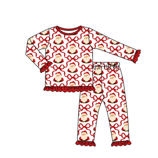 Red long sleeves santa bows girls Christmas pajamas