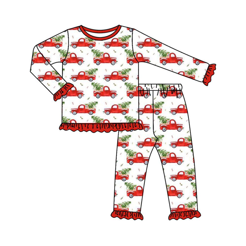 Red ruffle long sleeves Christmas tree truck girls pajamas