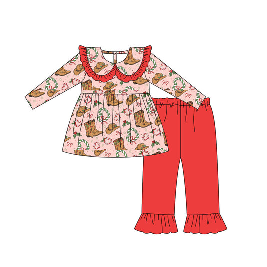 Long sleeves boots candy cane tunic pants girls Christmas set