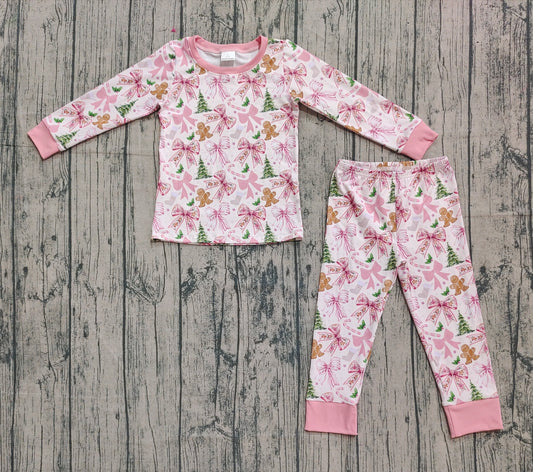 Pink long sleeves bow gingerbread girls Christmas pajamas