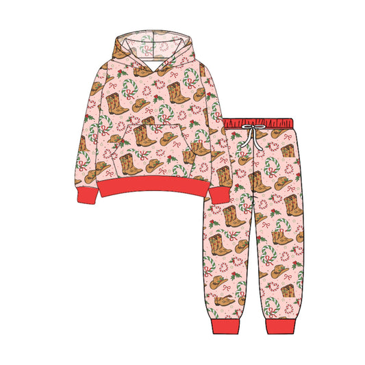 Boots candy cane western girls Christmas hoodie set