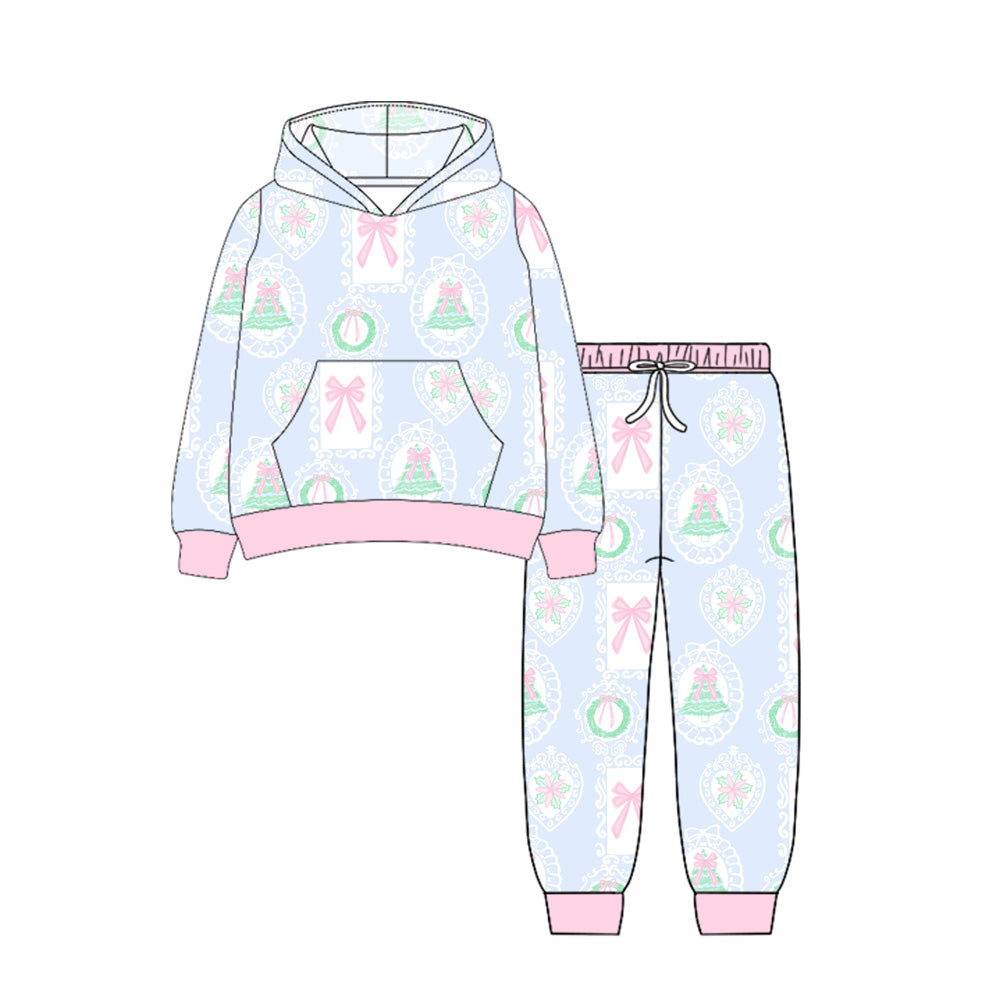 Pink bow Christmas tree hoodie pants girls clothing set