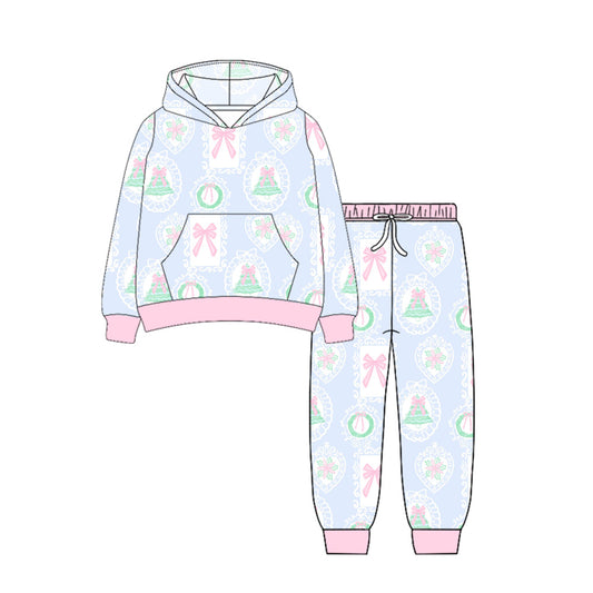 Pink bow Christmas tree hoodie pants girls clothing set