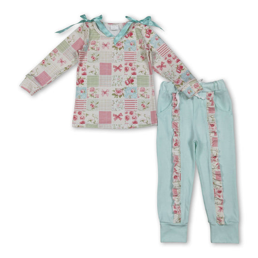 Floral bow patchwork ruffle pants girls clothing set