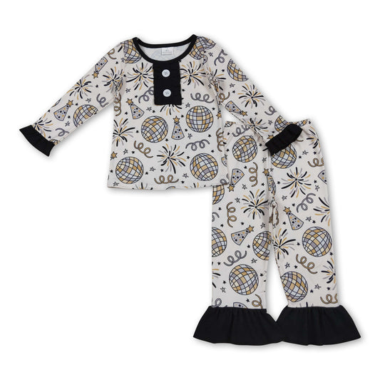Long sleeves ruffle firework girls Happy New Year pajamas
