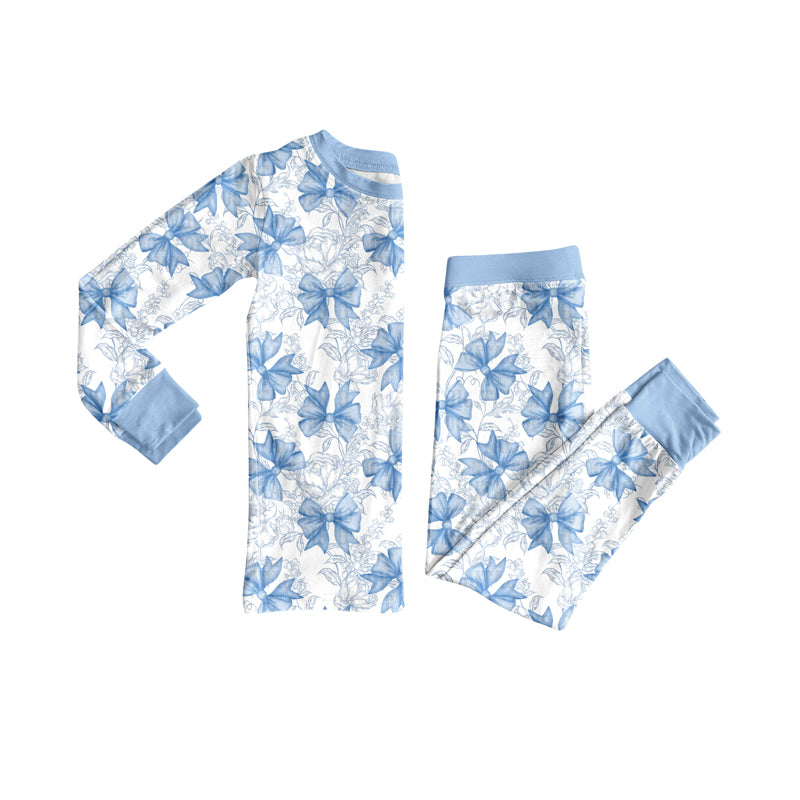 Light blue long sleeves bow floral kids girls pajamas