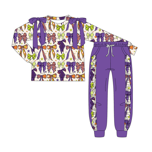 Purple orange green bow witches top pants girls Halloween pajamas