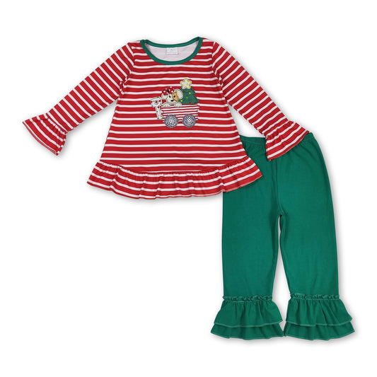 Red stripe dog Christmas tree top pants girls clothing set