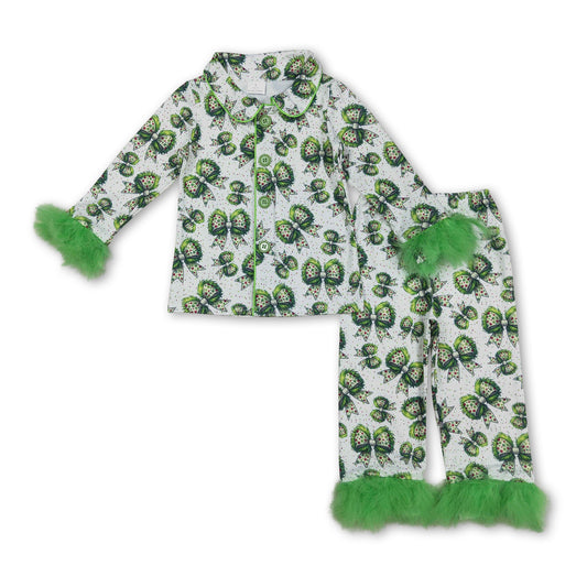 Green face bow baby girls Christmas button down pajamas